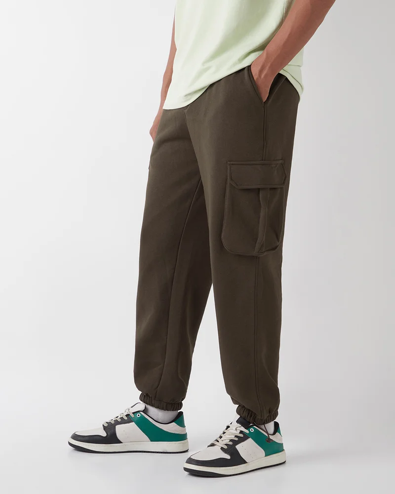 بيواكوف Men's Chocolate Brown Oversized Brushed Cargo Joggers